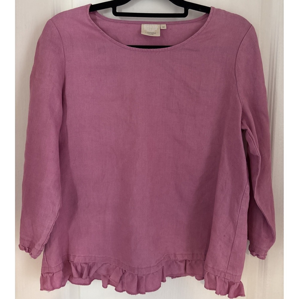Lantana Top Blouse 100% Linen Pink Shirt Long Sleeve Pullover Boxy Boho Sz M